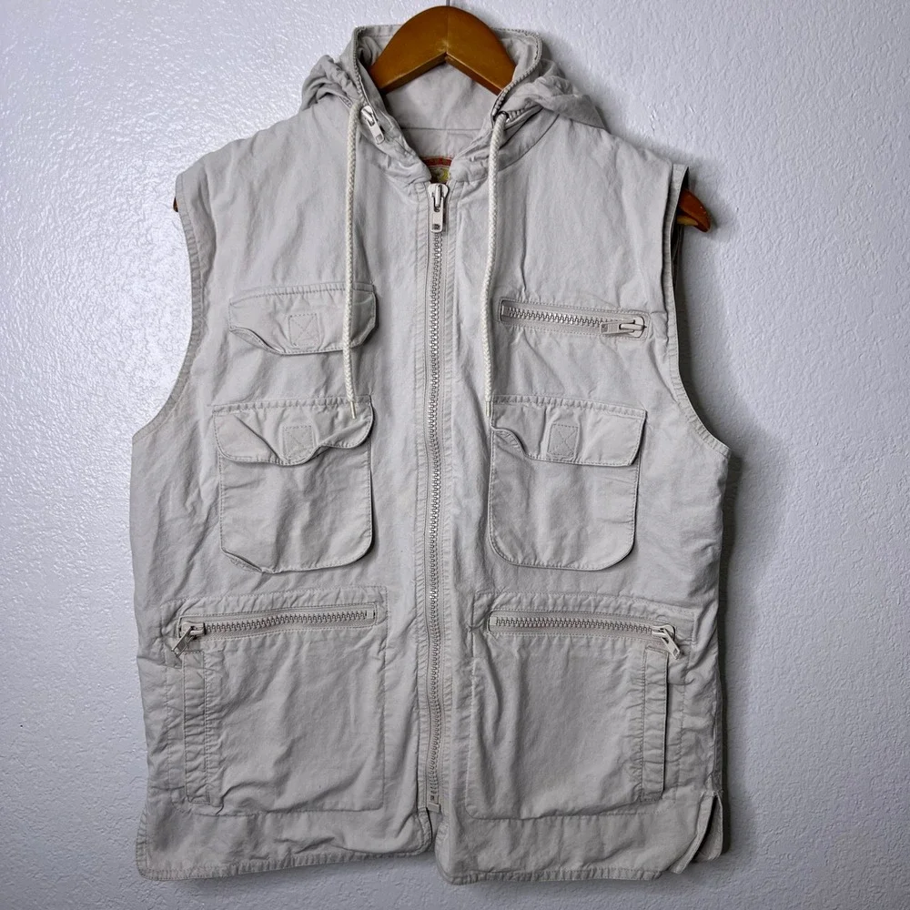 Vintage Banana Republic Safari Utility Vest Packable Hood Khaki‎ Mens Medium